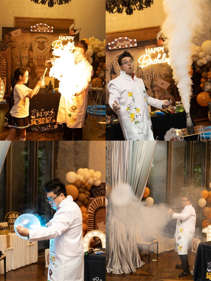 Science show presenters doing experiments with smoke and fire
